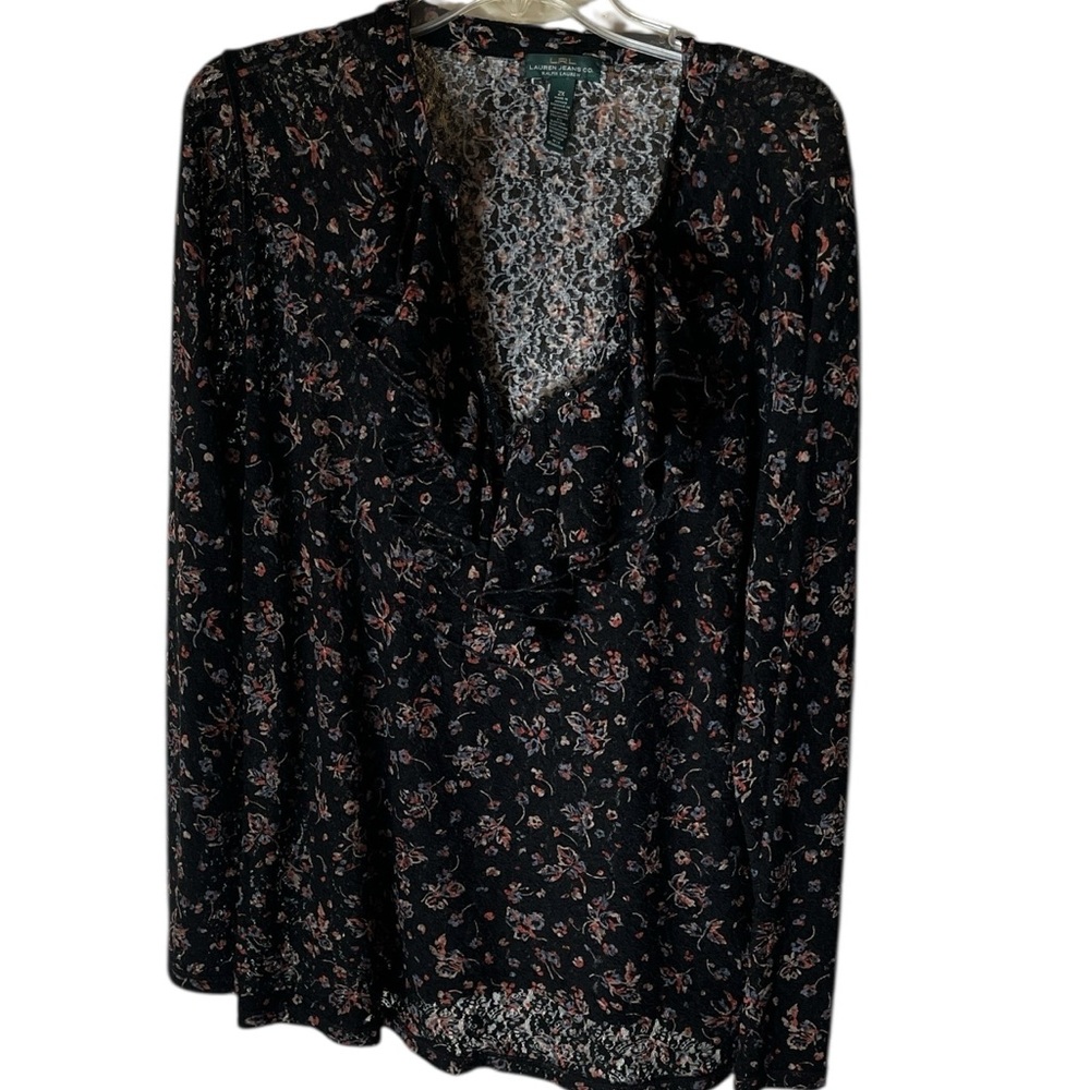 Lauren Ralph Lauren size 2X navy blue floral print long sleeve top ruffle detail